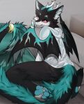  2022 angiewolf anthro bed clothing digital_media_(artwork) dragon fur furniture furred_dragon hi_res hoodie looking_back male pawpads pillow smile solo topwear underpaw white_clothing white_hoodie white_topwear 