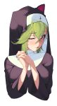 absurdres animal_ears breasts green_hair habit heart heart-shaped_pupils highres large_breasts migu_(iws2525) nun one_eye_closed own_hands_together pursed_lips symbol-shaped_pupils tongue tongue_out 