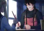  1boy 1girl apron black_hair black_sweater blue_period braid closed_eyes crypthiyama facing_viewer hair_between_eyes hashida_haruka holding holding_paintbrush indoors long_sleeves paintbrush painting_(action) painting_(object) school_uniform sweater twin_braids twintails 