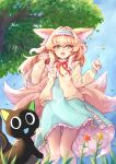  1girl :d absurdres animal_ears arknights black_cat blonde_hair blue_dress blue_hairband blue_sky cardigan cat dress feet_out_of_frame flower fox_ears fox_girl fox_tail frilled_hairband frills green_eyes hair_down hairband hands_up highres long_hair long_sleeves looking_at_viewer luoxiaohei multicolored_hair official_alternate_costume open_cardigan open_clothes orange_flower outdoors sky smile solo streaked_hair suzuran_(arknights) suzuran_(spring_praise)_(arknights) tail teeth the_legend_of_luo_xiaohei tree upper_teeth utinokofia white_hair yellow_cardigan yellow_flower 