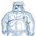  anthro bandanna canid canine canis clothing domestic_dog eyebrows hi_res kerchief lifewonders live-a-hero male mammal mokdai moobs nipples overalls overweight shirtless sketch solo thick_eyebrows video_games yaki_atsuage 