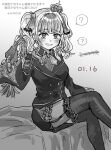  1girl ? @_@ arm_at_side bangs blunt_bangs blush buttons collared_shirt cross cross_earrings cross_print crown dated dress earrings feet_out_of_frame frilled_dress frilled_sleeves frills futaba_sana garter_straps gloves greyscale grin hair_ribbon hand_up highres holding holding_whip jacket jewelry lapels layered_sleeves long_sleeves magia_record:_mahou_shoujo_madoka_magica_gaiden mahou_shoujo_madoka_magica medium_hair mini_crown monochrome neckerchief nervous_smile print_neckerchief ribbon shirt short_dress sidelocks sitting smile solo spoken_question_mark sweat thighhighs totte twintails twitter_username wavy_hair 