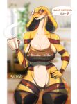  absurd_res anthro big_breasts blue_eyes blush bra breasts cleavage clothed clothing cobra coffee_mug eyewear female glasses good_morning hand_on_hip hi_res inside legwear looking_at_viewer mug narrowed_eyes reptile scales scalie shmny snake snake_hood solo steam stockings thigh_highs thong underwear yellow_body yellow_scales 