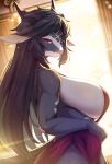  1girl absurdres animal_ears black_hair black_horns breasts closed_mouth commentary_request curtains dress earrings furry furry_female highres horns jewelry korean_commentary large_breasts long_hair looking_at_viewer original red_dress red_eyes sideboob solo whooo-ya window 