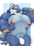  anthro asian_clothing beard big_pecs blue_body bulge clothing east_asian_clothing facial_hair flexing fundoshi generation_5_pokemon hair hair_bun hi_res japanese_clothing male muscular muscular_anthro muscular_male nintendo nipples pecs pokemon pokemon_(species) samurott schwarzfox solo underwear video_games white_hair 