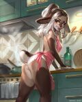  accessory anthro appliance apron bottle breasts butt clothed clothing eyelashes eyeshadow female green_eyes hair hair_accessory hair_tie hi_res inside kitchen kitchen_appliance kitchen_utensils knife lagomorph lazyollie leporid levelviolet lips makeup mammal oven panties ponytail rabbit short_tail skimpy solo steam tools towel underwear 