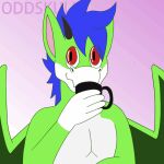  animated anthro beverage blue_hair bodily_fluids coffee container cup dharsi dragon eyes_closed green_body hair humor invalid_tag laugh male meme oddskull red_eyes saliva short_playtime smile solo 