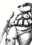  absurd_res anthro badger breasts chest_rig chubby_gynomorph clothed clothing genitals gun gynomorph hi_res intersex looking_at_viewer looking_down_at_viewer mammal monochrome mustelid musteline oddwilds overweight overweight_gynomorph overweight_intersex partially_clothed penis ranged_weapon rifle small_penis solo trans_(lore) trans_woman_(lore) weapon 