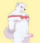  anthro balls blush canid canine canis domestic_dog erection foreskin genitals hands_behind_back hi_res humanoid_genitalia humanoid_penis looking_at_viewer male mammal navel nipples pecs penis red_eyes ribbons simple_background solo zetameow 