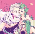  1boy 1girl 25mark_n aged_up cape closed_mouth detached_sleeves earrings edward_geraldine final_fantasy final_fantasy_iv green_hair hair_ornament jewelry leotard long_hair ninja rydia_(ff4) scarf simple_background smile star_(symbol) star_earrings thighhighs white_hair 