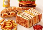  bread burger cheese commentary food food_focus french_fries hardboiled_egg kaneko_ryou ketchup lettuce mustard no_humans original sandwich shadow simple_background submarine_sandwich tomato tomato_slice white_background 