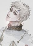  1boy black_clover blonde_hair cloak facial_mark forehead_mark fur-trimmed_cloak fur-trimmed_collar fur_trim highres jiangxhi julius_novachrono looking_at_viewer male_focus medal purple_eyes sketch smile solo white_background 