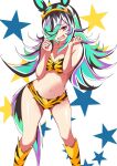  1girl absurdres animal_ears animal_print bare_shoulders bikini boots breasts cleavage cosplay fake_horns fang feet_out_of_frame fur_bikini hairband hands_up highres horns horse_ears horse_girl horse_tail long_hair looking_at_viewer lum lum_(cosplay) multicolored_hair navel notice_miura open_mouth red_eyes rice_shower_(umamusume) skin_fang solo standing star_(symbol) swimsuit tail tiger_print umamusume urusei_yatsura 