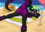  absurd_res anthro anus beach breasts butt clothed clothing dragon female genitals hi_res horn horny night pussy sand scalie sea seaside shy smile solo topless ursk water 