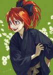  1girl :d abarai_ichika absurdres black_bow black_kimono bleach bow brown_eyes commentary floral_background flower green_background hair_bow high_ponytail highres japanese_clothes jo_jjo_29 kimono looking_away ponytail red_hair smile solo v-shaped_eyebrows white_flower 