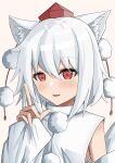  1girl :d absurdres animal_ear_fluff animal_ears bangs bare_shoulders highres inubashiri_momiji open_mouth pom_pom_(clothes) ramiki red_eyes shirt short_hair smile solo touhou upper_body white_background white_hair white_shirt white_sleeves wolf_ears wolf_girl 