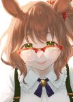 1girl absurdres animal_ears aston_machan_(umamusume) backlighting bangs bespectacled breasts brown_hair closed_mouth collared_shirt commentary_request dress_shirt glasses green_eyes hair_ornament hair_scrunchie highres horse_ears looking_at_viewer medium_breasts one_side_up over-rim_eyewear red-framed_eyewear red_lips red_scrunchie sarachi_(sara_dayluv) scrunchie semi-rimless_eyewear shirt simple_background smile solo suspenders umamusume upper_body white_background white_shirt 