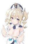  1girl absurdres barbara_(genshin_impact) blonde_hair blue_eyes breasts breasts_out cleavage cum cum_on_body cum_on_hands diksiuw dress facial genshin_impact heart highres looking_at_viewer medium_breasts medium_hair simple_background solo twintails white_background white_dress 