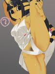  1girl :&lt; ? animal_crossing animal_ears animal_hands ankha_(animal_crossing) arm_up bandages bangs bare_shoulders black_eyes black_hair blonde_hair blunt_bangs blush bob_cut body_fur breasts cat_ears cat_girl cat_tail claws closed_mouth commentary_request covered_nipples cowboy_shot dress female_pubic_hair furry furry_female grey_background hair_ornament hand_up heart leg_up looking_at_viewer medium_breasts multicolored_hair nose_blush panties pantyshot pubic_hair shiny shiny_hair short_dress short_hair sidelocks simple_background snake_hair_ornament solo speech_bubble split spoken_question_mark spread_legs standing standing_on_one_leg standing_split striped_tail sweat tail tail_raised thighs two-tone_hair underwear upskirt ura_menu white_dress white_panties yellow_fur 