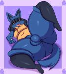  &lt;3 anthro balls bedroom_eyes big_butt butt foreskin generation_4_pokemon genitals hi_res huge_thighs inuzu lucario lying male moobs multicolored_body narrowed_eyes navel nintendo nude on_back open_mouth penis pokemon pokemon_(species) red_eyes seductive slightly_chubby solo thick_thighs two_tone_body video_games 