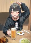  1girl absurdres alcohol bag bangs beer beer_mug black_collar black_hair black_jacket buta5813 chopsticks closed_mouth collar cup earrings eyebrows_hidden_by_hair food highres jacket jewelry mug open_mouth original plate scratching_head signature smile solo upper_body 