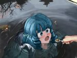  1girl 1other :o blue_eyes blue_hair danlamdae drill_locks fish green_kimono head_fins highres holding holding_spoon japanese_clothes kimono koi open_mouth outdoors partially_submerged short_hair solo_focus spoon touhou wakasagihime 