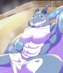  abs animal_humanoid bathing bathroom blush dragon dragon_humanoid hi_res horn humanoid looking_down lying male muscular muscular_male on_back pecs runes scheat_(knights_college) shy solo steam steaming towel towel_around_waist towel_only wanderrer 