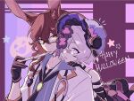  1boy 1girl animal_ears bangs black_gloves brown_hair coat doctor dragalia_lost glasses gloves hair_ornament halloween halloween_costume happy_halloween holding_scalpel jack-o&#039;-lantern labcoat laxi_(dragalia_lost) looking_at_viewer mao_(expuella) official_alternate_costume purple_eyes rabbit_ears scalpel star_(symbol) stethoscope sylas_(dragalia_lost) twitter_username veil white_coat white_hair yellow_eyes 