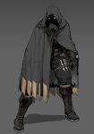  1boy absurdres black_cape black_footwear black_mask black_pants boots cape commentary dagger english_commentary full_body gogalking grey_background highres hood hood_up hooded_cape knife male_focus mask masked original pants shadow simple_background solo weapon 