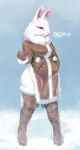  2022 absurd_res albino anthro boots clothing coat detailed_background digitigrade_footwear female footwear fur gloves hand_in_pocket handwear hi_res lagomorph legwear leporid long_ears mammal neck_tuft outside pink_ears pink_nose pockets rabbit red_eyes sigma-d snow solo thigh_boots thigh_highs topwear tuft white_body white_eyelashes white_fur wide_hips 