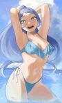  1girl :d absurdres alternate_costume armpits arms_behind_head arms_up bikini blue_bikini blue_eyes blue_hair boku_no_hero_academia breasts commentary_request day fengling_(furin-jp) hadou_nejire highres light_blue_hair long_hair looking_at_viewer medium_breasts navel open_mouth outdoors partially_submerged ponytail side-tie_bikini_bottom smile solo stomach swimsuit underboob very_long_hair water 