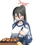  1girl absurdres bangs black_choker black_hair blue_archive blue_jacket blush breasts choker drooling food hair_between_eyes halo hasumi_(blue_archive) hasumi_(gym_uniform)_(blue_archive) highres holding hungry jacket large_breasts long_hair long_sleeves looking_at_food mole mole_under_eye nonoa official_alternate_costume ponytail red_eyes saliva shirt simple_background solo sparkle takoyaki upper_body white_background white_shirt 