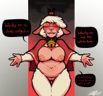  absurd_res anthro babette_(fiercedeitylynx) bell bell_collar big_breasts bovid breasts cape caprine clothing collar cult_of_the_lamb dialogue eyewear female fiercedeitylynx fur genitals glasses glowing glowing_eyes hi_res lamb_(cult_of_the_lamb) mammal nude pussy red_eyes sheep slightly_chubby solo speech_bubble white_body white_fur wide_hips wool_(fur) 