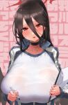  1girl :d black_hair black_wings blue_archive blush breasts choker clipboard feathered_wings hair_between_eyes halo hasumi_(blue_archive) hasumi_(gym_uniform)_(blue_archive) hei_(heiyohei) highres holding holding_pen jacket large_breasts long_hair looking_at_viewer mole mole_under_eye pen ponytail smile solo sweat wings 