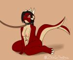  anthro breasts claws collar collar_only dragon female grey_eyes hi_res horn leash leash_and_collar nipples nude pink_nipples red_body solo tail_motion tailwag zelainthedark 