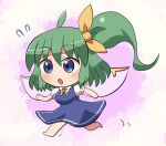  ahoge barefoot blue_dress blue_eyes blush chibi collared_shirt commentary_request daiyousei dress fairy fairy_wings green_hair long_hair motion_lines one_side_up open_mouth puffy_short_sleeves puffy_sleeves rokugou_daisuke shirt short_sleeves side_ponytail signature touhou white_shirt wings 