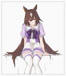  1girl absurdres animal_ears bangs border bow bowtie breasts brown_hair closed_mouth feet_out_of_frame highres horse_ears horse_girl horse_tail long_hair looking_at_viewer puffy_short_sleeves puffy_sleeves purple_shirt red_eyes ryne_25 sailor_collar school_uniform shirt short_sleeves sirius_symboli_(umamusume) sitting skirt small_breasts solo tail thighhighs tracen_school_uniform umamusume white_skirt white_thighhighs 