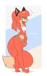  2022 anthro blush bodily_fluids canid canine clothed clothing digital_media_(artwork) female flying_sweatdrops fox fur green_eyes hi_res looking_at_viewer mammal midriff open_mouth open_smile patricia_mac_sionnach rolo_stuff simple_background smile solo sweat sweatdrop 