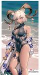  1girl absurdres animal_ears arknights bare_shoulders beach black_one-piece_swimsuit breasts carnelian_(arknights) carnelian_(shining_dew)_(arknights) cleavage_cutout clothing_cutout constant_qiu covered_navel covered_nipples dark-skinned_female dark_skin feet_out_of_frame goat_ears goat_girl goat_horns highres holding holding_sword holding_weapon horn_ornament horns jacket large_breasts looking_at_viewer off_shoulder official_alternate_costume open_clothes open_jacket outdoors red_eyes sand short_hair solo swimsuit sword thigh_strap thighs water weapon white_hair white_jacket 