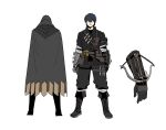  1boy absurdres arm_mounted_weapon black_cape black_footwear black_hair black_pants black_shirt boots cape closed_mouth crossbow from_behind full_body gauntlets gogalking hair_over_eyes highres hood hood_up hooded_cape male_focus original pants reference_sheet shirt short_hair simple_background solo white_background 