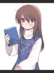  1girl bangs book brown_hair chara_(undertale) closed_mouth cosplay frown hair_between_eyes holding holding_book long_hair long_sleeves looking_at_viewer purple_skirt red_eyes shirt simple_background skirt toriel toriel_(cosplay) undertale white_background white_shirt white_sleeves xox_xxxxxx 