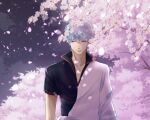  1boy absurdres closed_mouth falling_petals flower fusizennna_3310 gintama hair_between_eyes highres japanese_clothes looking_to_the_side petals purple_eyes sakata_gintoki solo tree white_hair 