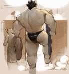  anthro back_muscles big_muscles black_clothing black_hair black_thong black_underwear butt canid canine canis clothing doooo2424 duo hair hi_res huge_muscles male male/male mammal muscular muscular_anthro muscular_male rear_view shower_room size_difference steam thong towel underwear ursid wolf 