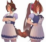  2girls animal_ears black_bow blue_shirt blush bow breasts brown_eyes brown_hair chinese_commentary closed_mouth commentary crossed_arms daiwa_scarlet_(umamusume) grey_hair hair_bow hair_intakes hair_over_one_eye hand_on_hip horse_ears horse_girl horse_tail intertwined_tails large_breasts long_hair looking_away multicolored_hair multiple_girls nose_blush pleated_skirt ponytail puffy_short_sleeves puffy_sleeves red_bow red_eyes shirt short_sleeves simple_background skirt tail thighhighs tiara tsundere two-tone_hair umamusume utsuru4 very_long_hair vodka_(umamusume) white_background white_skirt white_thighhighs yuri 