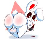  &lt;3 absurd_res anthro balls bent_over big_balls big_butt black_eyes blood blush blush_stickers bodily_fluids butt chikn_nuggit genitals hi_res holding_knife holding_object huge_butt iscream_(chikn_nuggit) knife lagomorph leporid looking_back male mammal nonbinary_(lore) nude perineum pupils rabbit red_pupils rockpup241 solo thick_thighs white_body wide_hips 