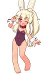  1girl ;d animal_ear_fluff animal_ears arm_up bangs bare_legs bare_shoulders barefoot blonde_hair blush collar covered_navel fang full_body hair_between_eyes heart heart-shaped_pupils highres leotard long_hair looking_at_viewer masurao_(sekaiju) masurao_2_(sekaiju) naga_u one_eye_closed ponytail purple_leotard rabbit_ears red_collar red_eyes sekaiju_no_meikyuu sekaiju_no_meikyuu_5 short_eyebrows simple_background smile solo standing standing_on_one_leg strapless strapless_leotard symbol-shaped_pupils thick_eyebrows very_long_hair white_background wrist_cuffs 