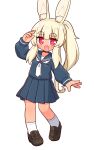  1girl :d animal_ear_fluff animal_ears arm_up bangs black_footwear blonde_hair blue_sailor_collar blue_serafuku blue_shirt blue_skirt blush fang full_body hair_between_eyes heart heart-shaped_pupils highres loafers long_hair long_sleeves looking_at_viewer masurao_(sekaiju) masurao_2_(sekaiju) naga_u neckerchief ponytail puffy_long_sleeves puffy_sleeves rabbit_ears red_eyes sailor_collar school_uniform sekaiju_no_meikyuu sekaiju_no_meikyuu_5 serafuku shirt shoes short_eyebrows simple_background skirt sleeves_past_wrists smile socks solo standing standing_on_one_leg symbol-shaped_pupils thick_eyebrows very_long_hair white_background white_neckerchief white_socks 