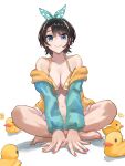  1girl absurdres bangs bare_legs barefoot bikini blue_eyes blue_hairband blue_jacket breasts brown_hair cleavage closed_mouth commentary crossed_legs darao_(daradara_suyaaa) feet full_body hair_ribbon hairband highres hololive indian_style jacket looking_at_viewer medium_breasts multicolored_clothes multicolored_jacket nail_polish navel off_shoulder official_alternate_costume oozora_subaru open_clothes open_jacket orange_bikini orange_jacket orange_nails parted_bangs polka_dot polka_dot_hairband ribbon rubber_duck short_hair simple_background sitting smile solo stomach striped striped_bikini swimsuit toenail_polish toenails toes two-tone_jacket virtual_youtuber white_background 