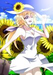  1girl blonde_hair blue_sky breasts charlotte_dunois cleavage cloud commentary_request cowboy_shot day dress flower hat hat_flower highres horizon infinite_stratos kuroda_ariake large_breasts long_hair low_ponytail ocean outdoors purple_eyes sky sleeveless sleeveless_dress solo suitcase sun_hat sundress sunflower white_dress white_headwear 