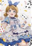  1girl absurdres alice_(alice_in_wonderland) alice_(alice_in_wonderland)_(cosplay) apron back_bow bangs blue_bow blue_bowtie blue_dress blue_eyes blue_ribbon blush bow bowtie brown_hair card commentary confetti cosplay cowboy_shot dress female_child flat_chest frilled_apron frilled_dress frilled_skirt frilled_sleeves frills hair_ribbon hands_up highres idolmaster idolmaster_million_live! idolmaster_million_live!_theater_days jumping kurobako_bb looking_at_viewer official_alternate_hairstyle open_mouth puffy_short_sleeves puffy_sleeves ribbon short_hair short_sleeves short_twintails skirt smile solo suou_momoko thighs twintails twitter_username white_apron white_background wrist_cuffs 